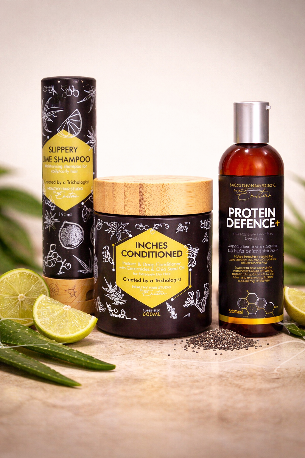 Growth and Strength Wash Day Bundle featuring Slippery Lime Shampoo, Inches Conditioner and Protein Defence+ for curly and coily hair